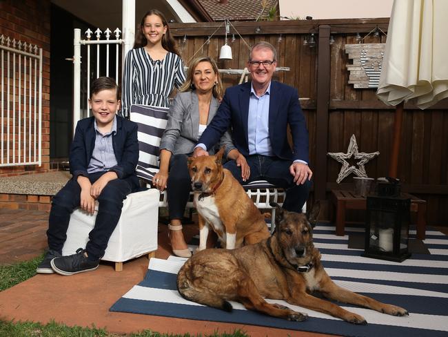 13/02/2019. NSW opposition leader Michael Daley photographed with his wife Christina and their children Olivia 12 and Austin 8 and pet rescue dogs Freddie and Buddie, at home in Chifley in Sydney's South. Britta Campion / The Australian