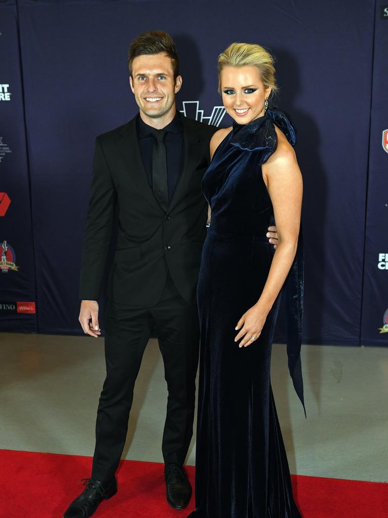 Jarred Allmond and Bonnie Allmond on the red carpet ahead of the Magarey Medal presentation at Adelaide Oval.