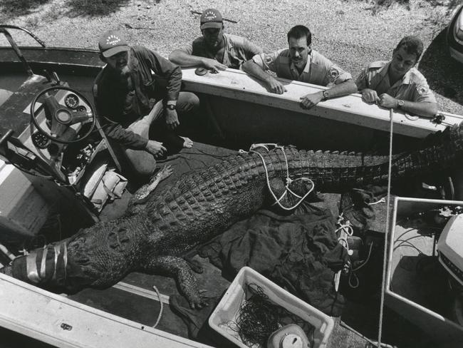 Nik Robinson and Heldon Graham with Conservation Commission Officers David West and Peter Kennedy with a captured crocodile in the back of a boat. .