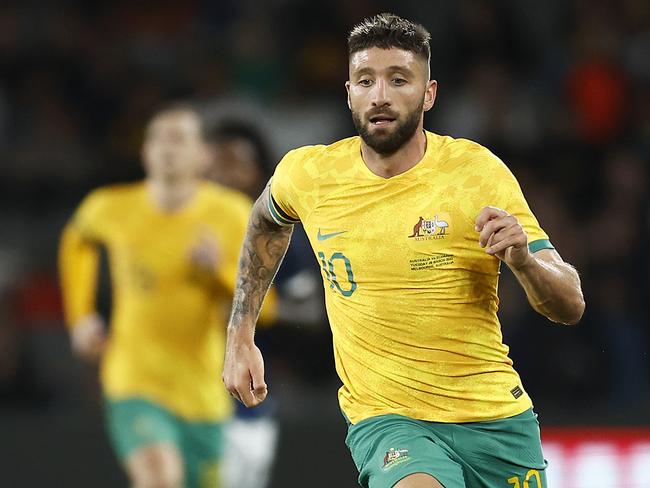 MELBOURNE, AUSTRALIA - MARCH 28: Brandon Borrello of the Socceroos runs with the ball during the International Friendly match between the Australia Socceroos and Ecuador at AAMI Park on March 28, 2023 in Melbourne, Australia. (Photo by Daniel Pockett/Getty Images)