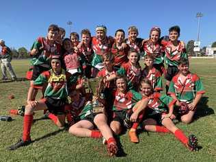 The winning Woongarra State School team that won the NRL Development Cup for Wide Bay. Hamish Wilson (back left), Hudson Strickfuss, Jarred McClymont, Ronan Abrook, Cooper Gleeson, Jacob Baker, Bailey Lawrence, Jake Gatley, Beau Molo. Otis Kaye - captain (front left), Brody Lake - vice captain, Nait Gough - vice captain, Mitchell Webster, Freddie Collins, Lucas Powell, Braxton Watters, Josh Richards. Picture: Shane Jones