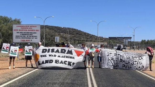 A group of protesters have at the entry to Joint Defence Facility Pine Gap, south of Alice Springs, on Sunday, February 23, 2025. Picture: Instagram/ Mparntwe for Falastin