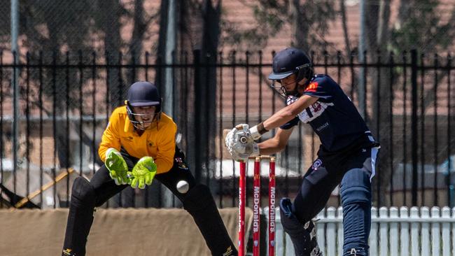 Ansh Tiwary looks to play a cut shot during a match against the Blacktown Mounties. Picture: Monique Harmer