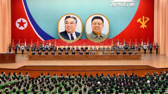 A picture released from North Korea's official Korean Central News Agency shows a national meeting at the People's Palace of Culture in Pyongyang this week to celebrate the 5th anniversary of Supreme Leader Kim Jong Un's ascension. Photo: AFP/KCNA VIA KNS