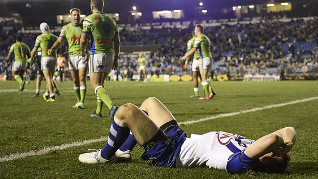 SYDNEY, AUSTRALIA — JULY 07: Brett Morris of the Bulldogs shows his dejection after defeat during the round 17 NRL match between the Canterbury Bulldogs and the Canberra Raiders at Belmore Sports Ground on July 7, 2018 in Sydney, Australia. (Photo by Brett Hemmings/Getty Images)