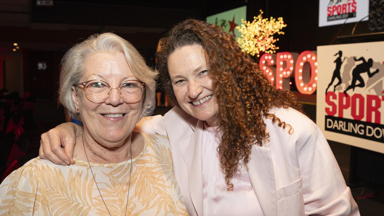 Allie Beeston (left) and Michelle Thomas at the Sports Darling Downs presentation dinner at Rumours International, Saturday, February 1, 2025. Picture: Kevin Farmer