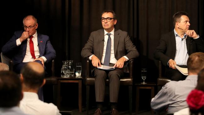 Premier Jay Weatherill, Liberal leader Steven Marshall and SA Best leader Nick Xenophon at the social issues debate on Tuesday. Picture: AAP / Kelly Barnes