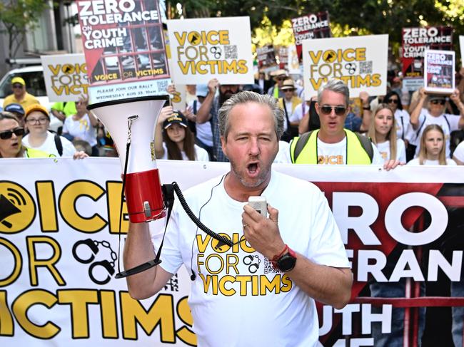 BRISBANE, AUSTRALIA - NewsWire Photos - AUGUST 23, 2023.Ben Cannon leads protesters in a march on Parliament House , calling for tougher action on youth crime. Picture: Dan Peled / NCA NewsWire