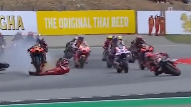 Francesco Bagnaia has his leg run over in a nasty crash. Photo: Twitter.