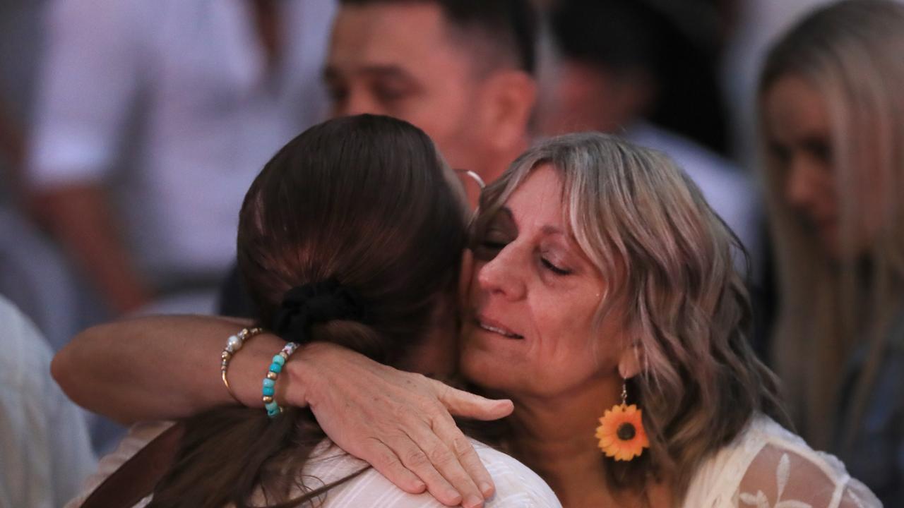 The mother of Luke Davies, Sandra, during the outdoor public memorial to celebrate the life of flight attendant Luke Davies who was murdered two months ago. Photo Scott Powick NCA NEWSWIRE