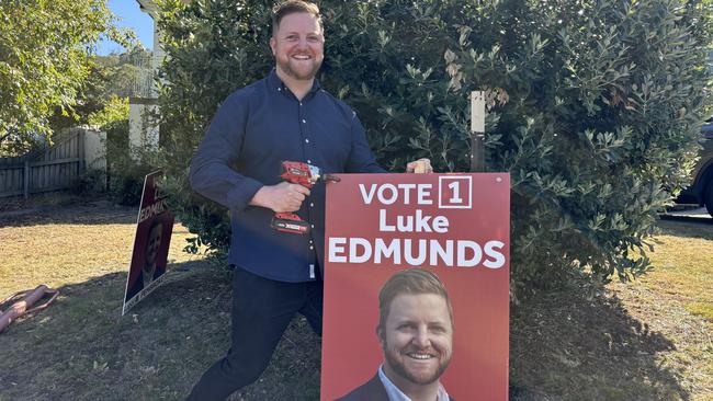 Labor Member for Pembroke Luke Edmunds with his election sign. Picture: Simon McGuire.