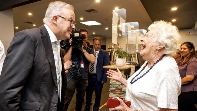 Anthony Albanese had a good gag about fake tan ready to roll at a press conference on Tuesday. Picture: NewsWire / David Geraghty