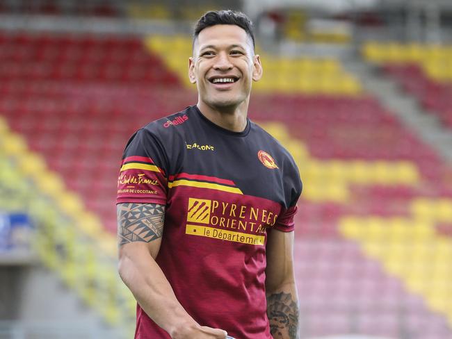 Australian rugby player Israel Folau smiles during a training session with his new club Catalan Dragons in Perpignan, France. Picture: AP