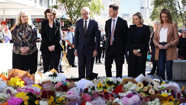 Waverley mayor Paula Masselos, Wentworth MP Allegra Spender, Prime Minister Anthony Albanese, NSW Premier Chris Minns, Coogee MP Dr Majorie O’Neill and Vaucluse MP Kellie Sloane at the memorial just outside Westfield Bondi Junction. Photo: Jane Dempster