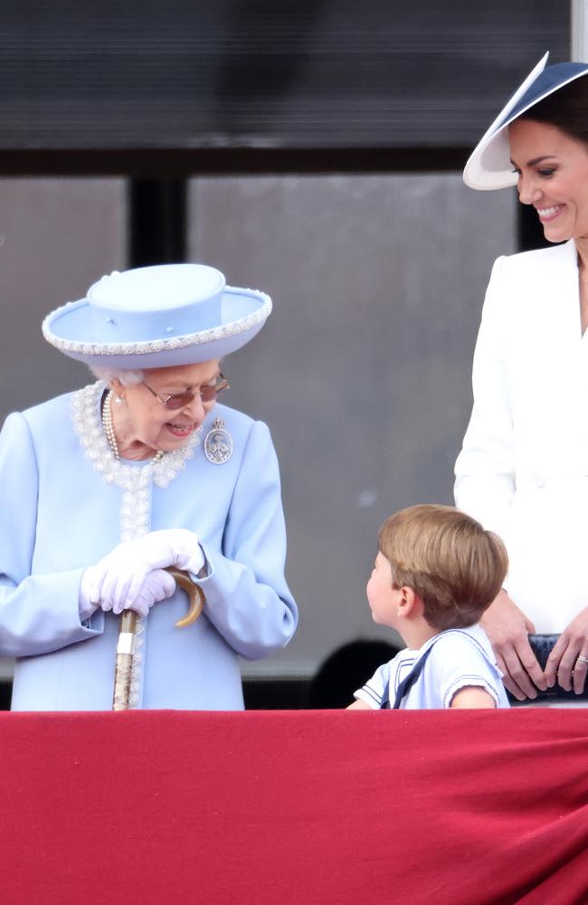 Queen Elizabeth II talks to Prince Louis of Cambridge alongside (L-R) Catherine, Duchess of Cambridge. Picture: Chris Jackson/Getty Images