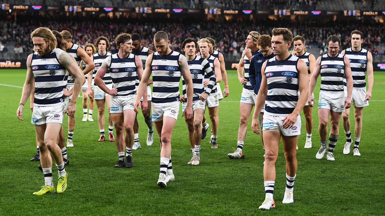 Geelong look dejected after the loss to the Melbourne Demons. Picture: Daniel Carson