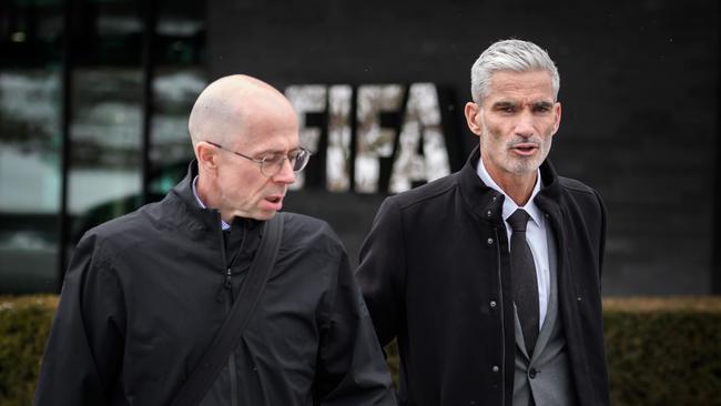 Brendan Schwab (L) pictured outside FIFA headquarters in Zurich with Craig Foster. Picture: Fabrice Coffrini/AFP