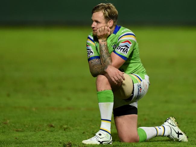 Blake Austin of the Raiders looks on following his teams loss in extra time during the round 10 NRL match between the St George Illawarra Dragons and the Canberra Raiders at WIN Jubilee Oval in Sydney on Thursday, May 12, 2016. (AAP Image/Paul Miller) NO ARCHIVING, EDITORIAL USE ONLY