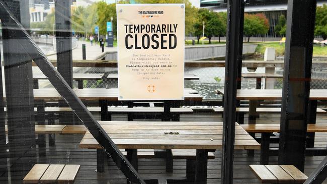 A sign informs patrons of the coronavirus closure of The Boatbuilders Yard in Melbourne. Picture: Getty Images