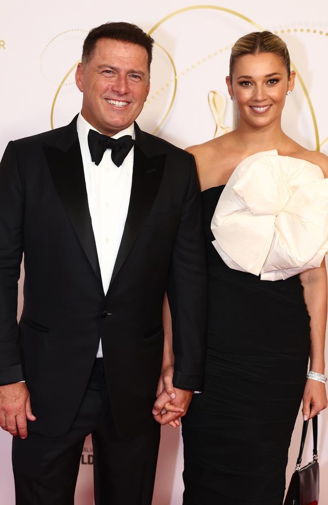 Karl Stefanovic and wife Jasmine Yarbrough, Jade’s sister, are seen trying to diffuse the argument in the footage. Picture: Chris Hyde/Getty Images.