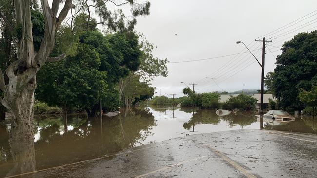 Flood water fills Uralba Street in Lismore on March 1, 2022.