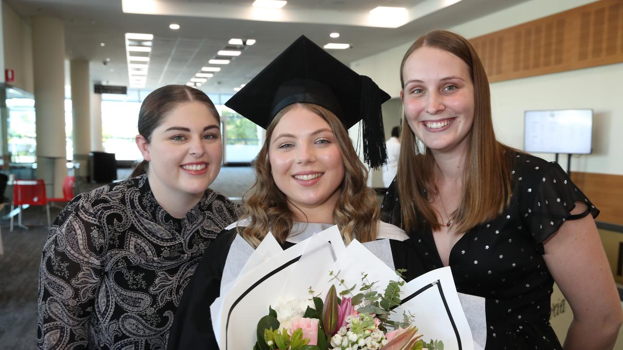 Griffith business school graduation at Gold Coast Convention Centre. Mia Allery, Grace Hackwood, and Willow Neil.. Picture Glenn Hampson