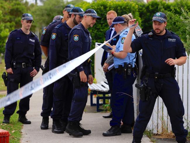 Police are pictured on scene where Sydney crime kingpin Pasquale Barbaro was shot dead execution-style in Sydney’s southwest. Picture: Dylan Robinson