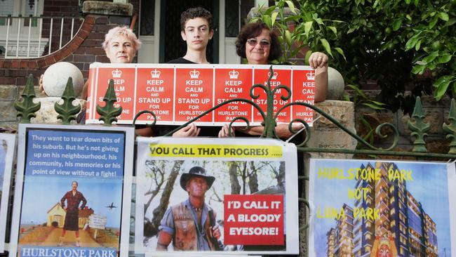 Carmel Elliott, Max Ulm and Sofia Markeikis are unhappy with the changing face of Hurlstone Park. Pictures: Tim Clapin