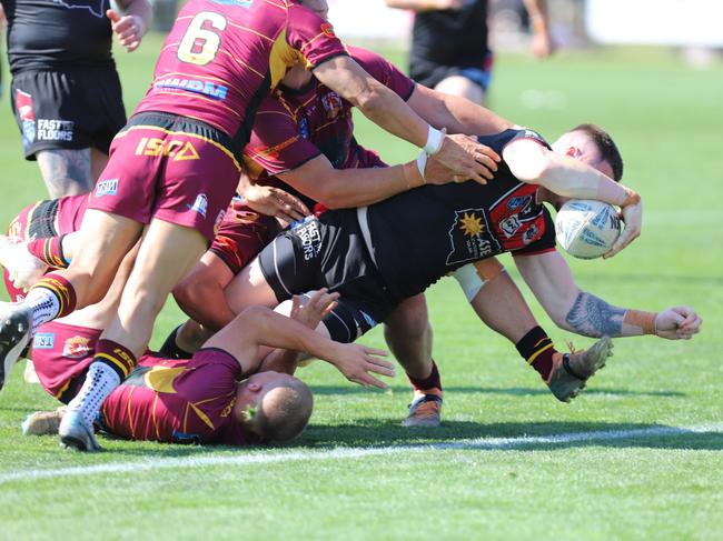 Oakdale backrower Josh Carr scores during last year’s finals. Picture: Steve Montgomery