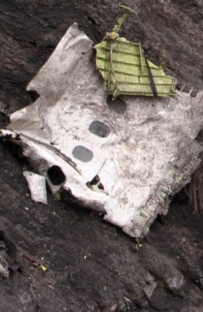 Debris of the Germanwings Airbus A320 at the crash site in the French Alps. Pic: Denis Bois