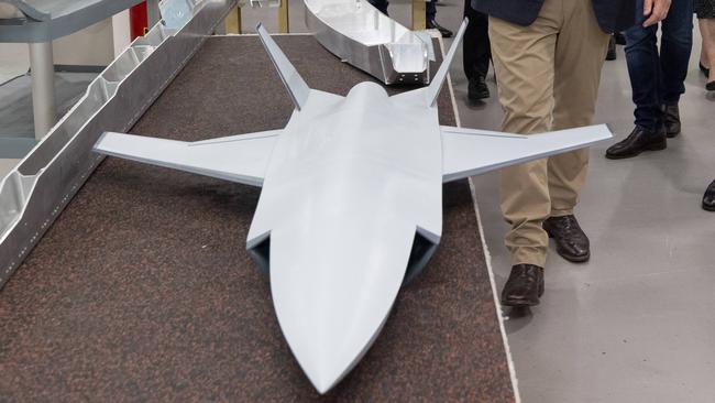 A scale model of a combat drone at the Ferra Engineering defence manufacturing business in Brisbane. Picture: Jason Edwards