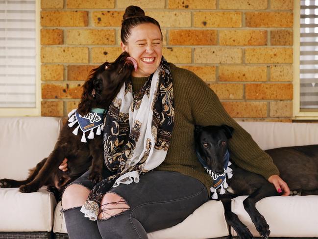 Kirsten Duffy and her dogs Rufus the greyhound and Banjo the Spoodle. Picture: Sam Ruttyn