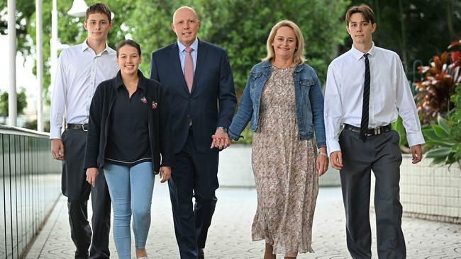 Peter Dutton – with wife Kirilly, daughter Rebecca, and sons Harry (left) and Tom – has formally launched his bid for the Liberal Party leadership. Picture: Lyndon Mechielsen/The Australian