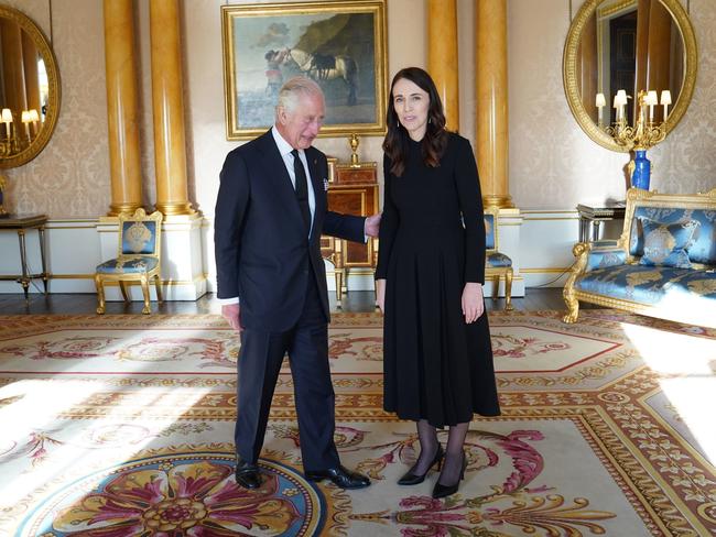 King Charles III speaks with Prime Minister of New Zealand, Jacinda Ardern, as he receives realm prime ministers in the 1844 Room at Buckingham Palace on September 17, 2022. Picture: WPA Pool/Getty Images