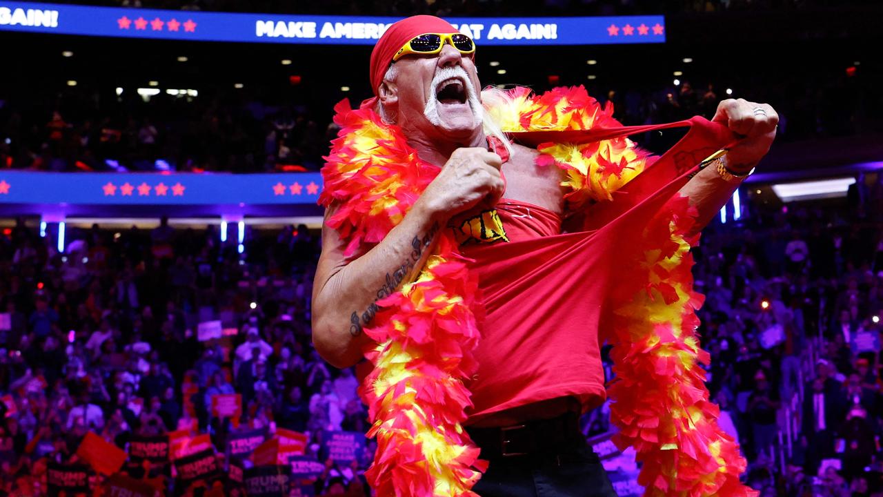 Hulk Hogan rips off his shirt at the New York rally. Picture: Anna Moneymaker/Getty Images/AFP