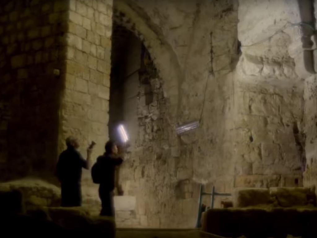 Presenter and archaeologist Albert Lin with Israel Antiquities researcher Dr Eliezer Stern inside the Templar crypt under the city of Acre. Picture: National Geographic