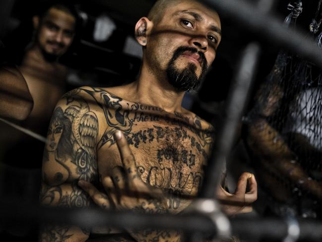 A local leader of the Mara Salvatrucha gang (MS-13) in a cell at a detention centre in San Salvador, El Salvador. Picture: Jan Sochor/LatinContent/Getty Images