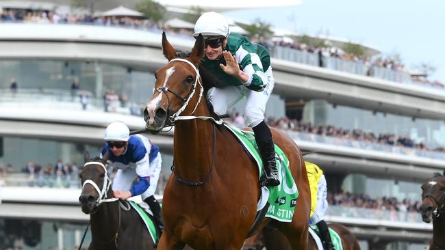 MELBOURNE, AUSTRALIA - NOVEMBER 09: James McDonald riding Via Sistina celebrates winning Race 8, the TAB Champions Stakes during Champion Stakes Day at Flemington Racecourse on November 09, 2024 in Melbourne, Australia. (Photo by Quinn Rooney/Getty Images)