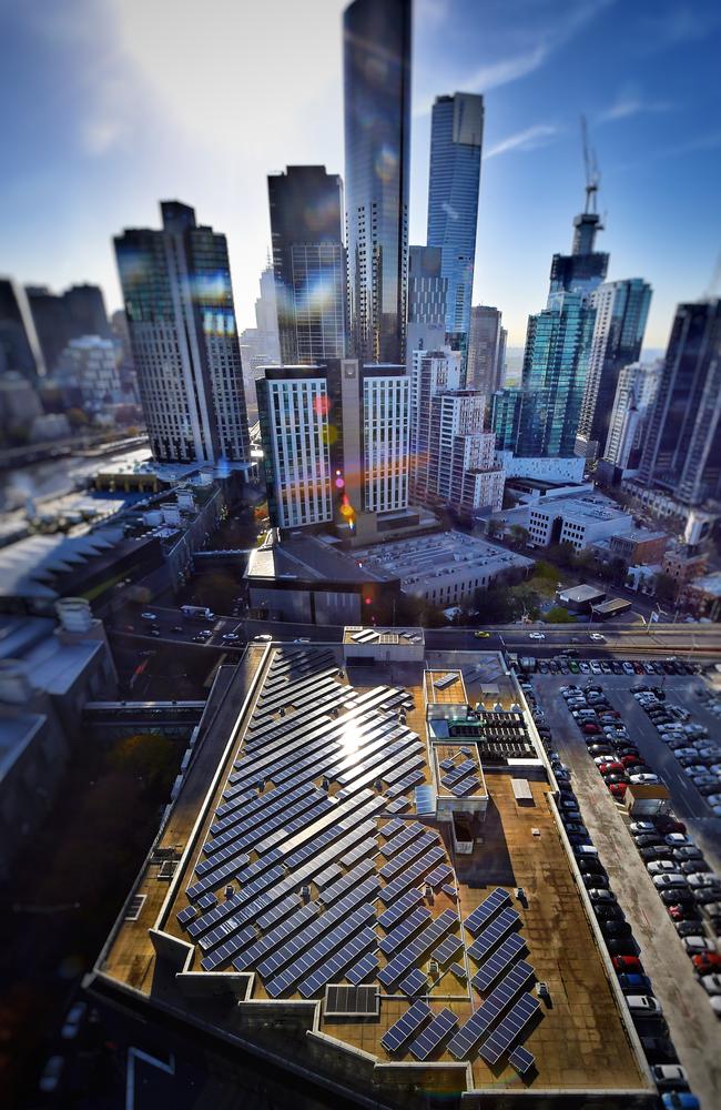 Crown's 950 solar panel system is the biggest in the Melbourne's CBD. Picture: Tony Gough