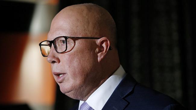 Peter Dutton says the Coalition will look at emissions reduction targets when it’s in government, but is committed to net zero by 2050. Picture: NewsWire / John Appleyard