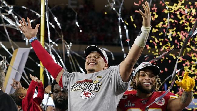 Kansas City Chiefs players Patrick Mahomes, left, and Tyrann Mathieu celebrate after defeating the San Francisco 49ers in the NFL Super Bowl in February. Picture: AP