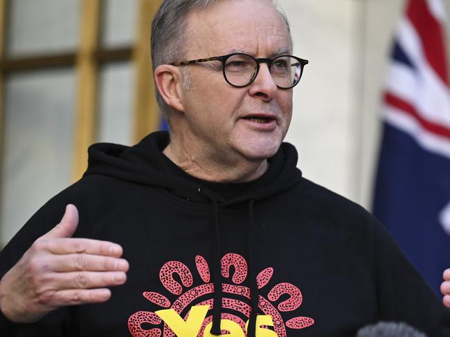 CANBERRA, AUSTRALIA, NewsWire Photos. SEPTEMBER 14, 2023: The Prime Minister, Anthony Albanese, Minister for Indigenous Australians Linda Burney and Michael Long hold a press conference after finishing off the 20 day walk from Melbourne to raise awareness about the coming Referendum and in support for a Yes vote at Parliament House in Canberra. Picture: NCA NewsWire / Martin Ollman