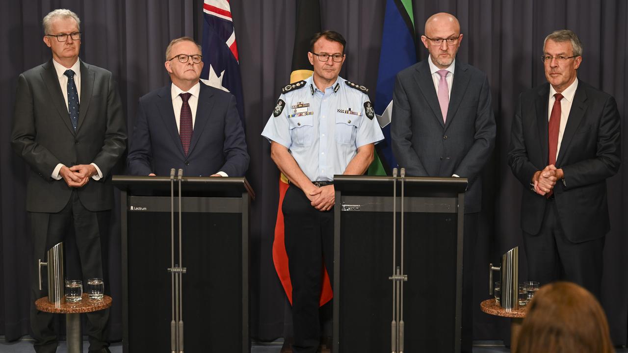 Minister for Home Affairs of Australia, Tony Burke, Prime Minister Anthony Albanese, Australian Federal Police Commissioner, Reece Kershaw, Director-General of Security of Australia, Mike Burgess and Attorney-General of Australia, Mark Dreyfus hold a press conference at Parliament House in Canberra announcing the anti-Semitism task-force. Picture: NewsWire / Martin Ollman