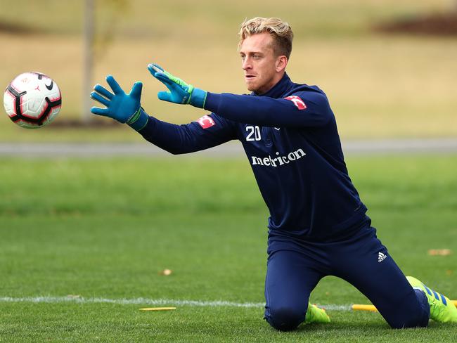 MELBOURNE, AUSTRALIA - FEBRUARY 19: Victory goalkeeper Lawrence Thomas stops the ball during the Melbourne Victory Training Session at Gosch's Paddock on February 19, 2019 in Melbourne, Australia. (Photo by Michael Dodge/Getty Images)