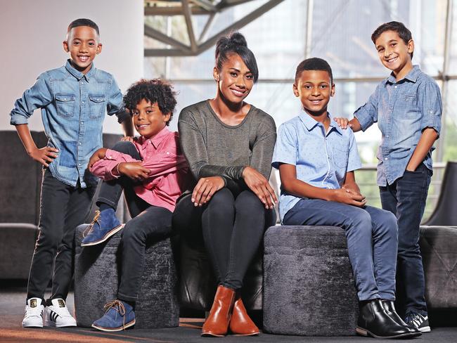 Young actors who will all star as Fletcher in the new musical The Bodyguard pictured with Paulini. L to R, Rome Champion, Tyrese Medina, Paulini Curuenavuli, Chetachi Nwaogazi and Joshua Scott. Picture: Sam Ruttyn