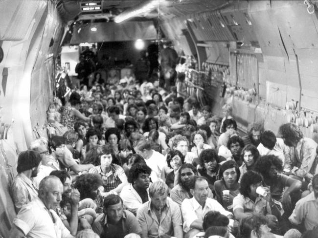 Crowd of people aboard USA Air Force Starlifter aircraft being evacuated from Darwin after it was destroyed by Cyclone Tracy.