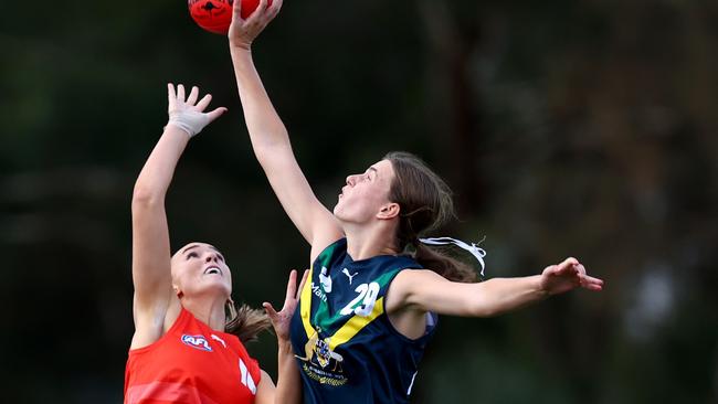 Sydney’s Madeleine Quinn (right) in action for the AFL National Academy Picture: Josh Chadwick/AFL Photos