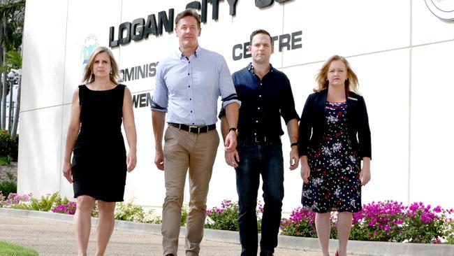 Logan’s new council will be led by Darren Power, second from left, with Lisa Bradley Div 1, Jon Raven Div 5 and Laurie Koranski. Image AAP/Steve Pohlner)