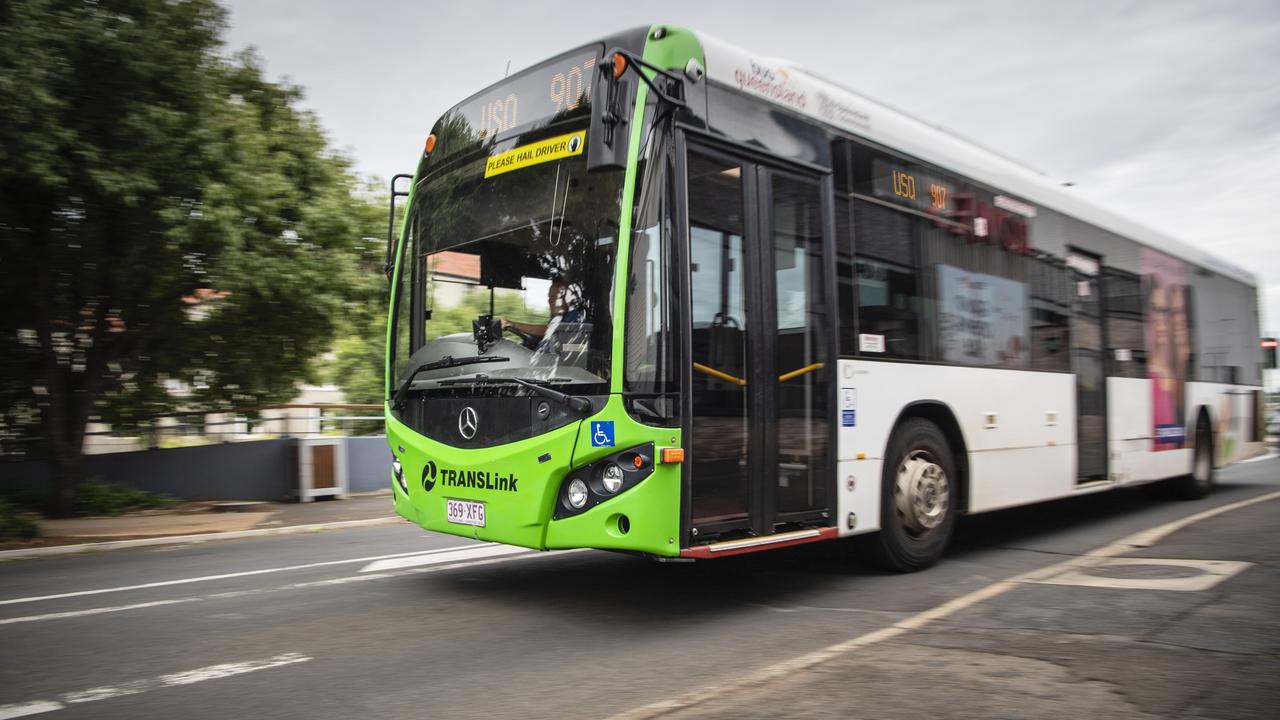 A Translink Bus Queensland bus is driven on a Toowoomba CBD street, Saturday, April 1, 2023. Picture: Kevin Farmer