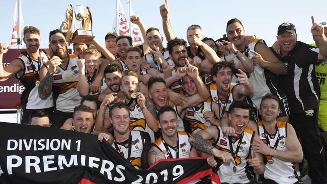 Craigieburn celebrates last year’s EDFL Division 1 premiership. Picture: Andy Brownbill